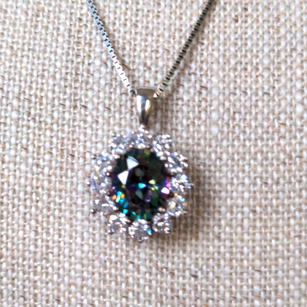 New QVC Mystic Quartz pendant necklace. Solid Sterling. 20" chain  Gift box